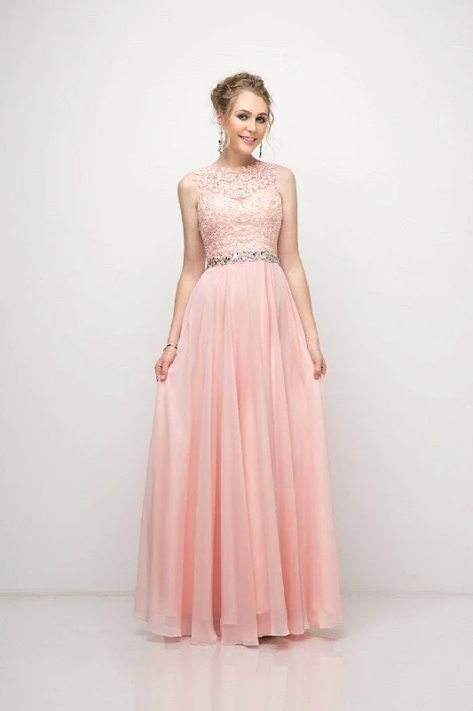 Cinderella Divine - B1601 Embellished Belt Lace A-Line Chiffon Dress