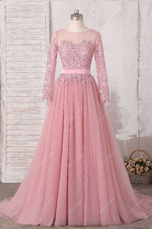 Dusty Pink Lace Tulle Sheer Long Sleeves Elegant Dress