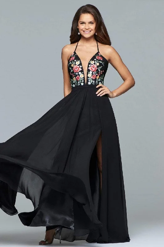 Faviana - 10000 Plunging Floral Embroidered Chiffon Simple Prom Gown