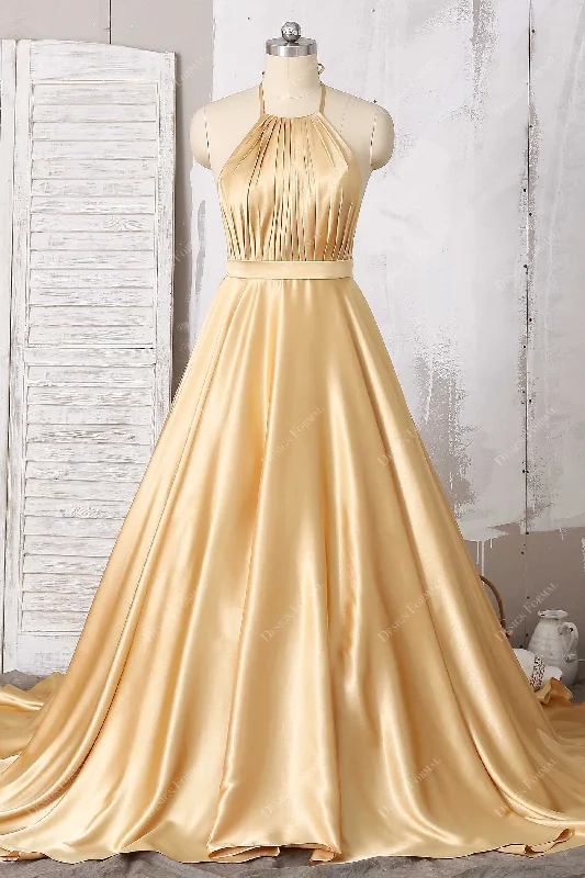 Gold Satin Pleated Halter Open Back Simple A-line Long Dress