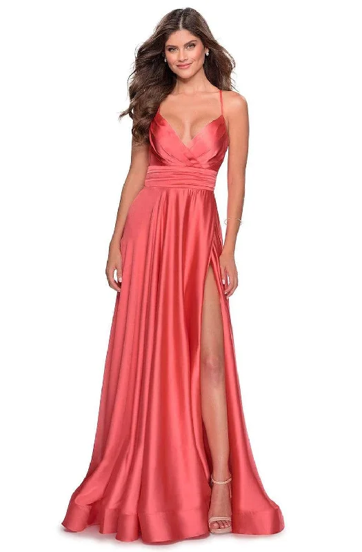 La Femme - 28571 Satin Deep V-neck A-line Gown