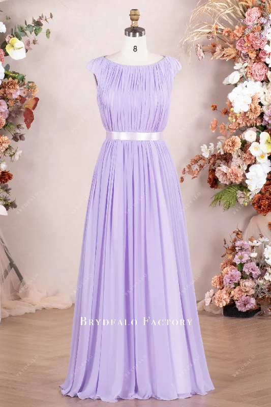 Lilac Cap Sleeve Pleated Chiffon Floor Length Formal Dress