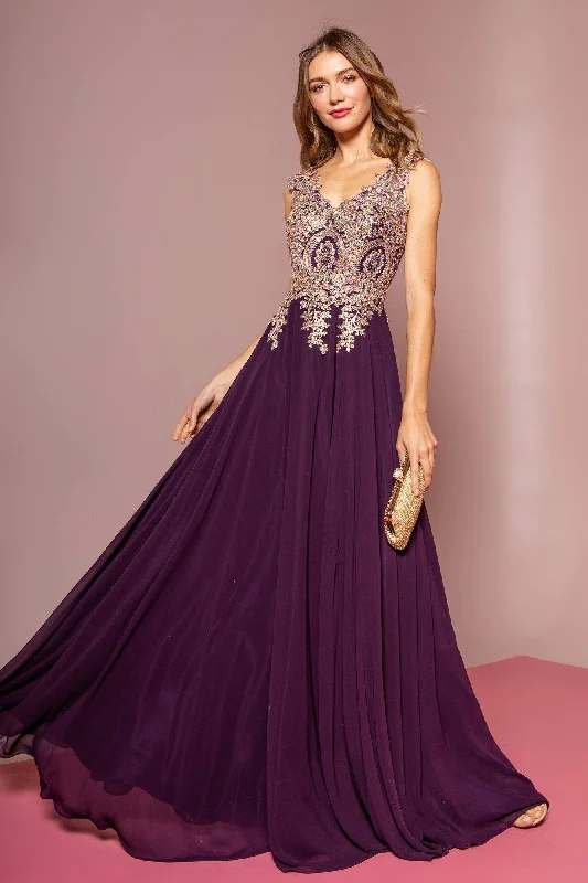 Applique Long V-Neck Dress by Elizabeth K GL2311