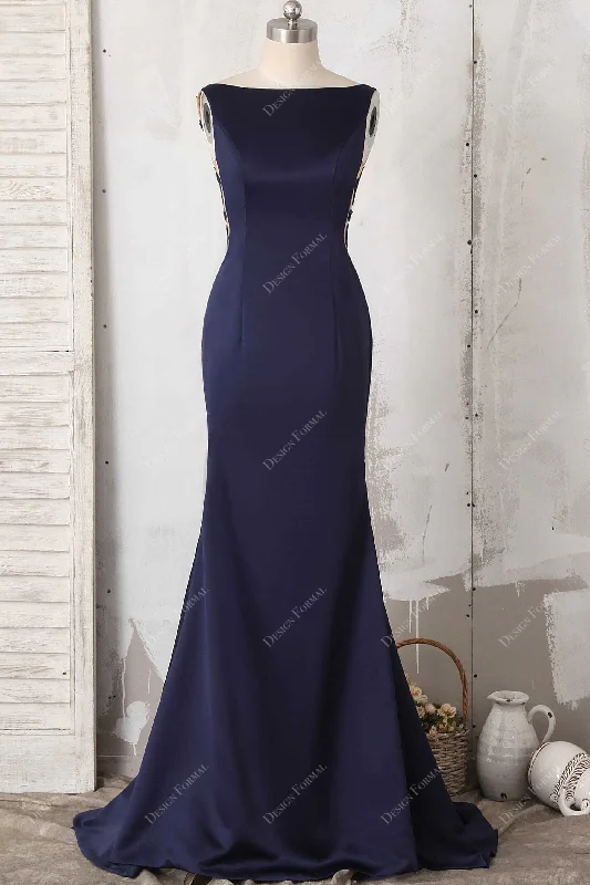 Navy Satin Illusion Back Elegant Mermaid Dress