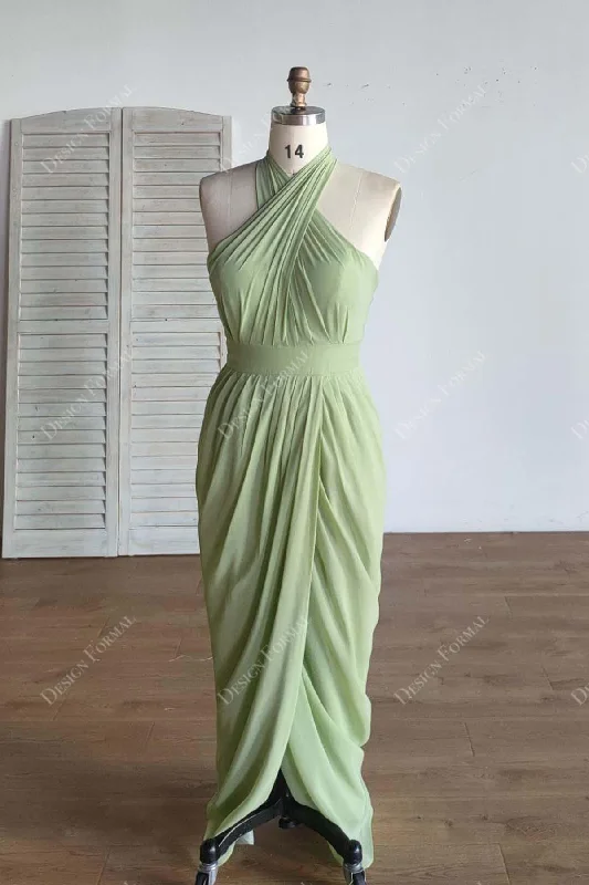 Sage Halter Chiffon Custom Slit Sheath Floor Length Formal Dress