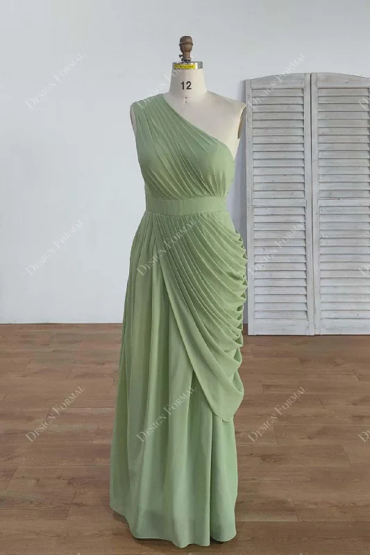 Sage Ruched One-shoulder Floor Length Chiffon Draped Formal Dress