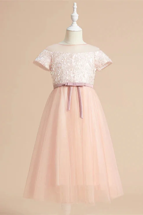 A-Line Blush Pink Long Flower Girl Dress with Short Sleeves