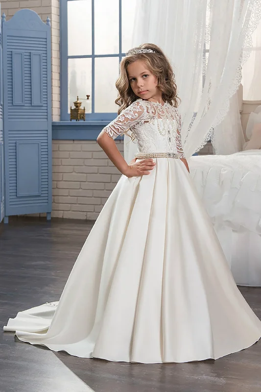 A-Line Floor Length Satin Lace  Flower Girl Dress CF0320