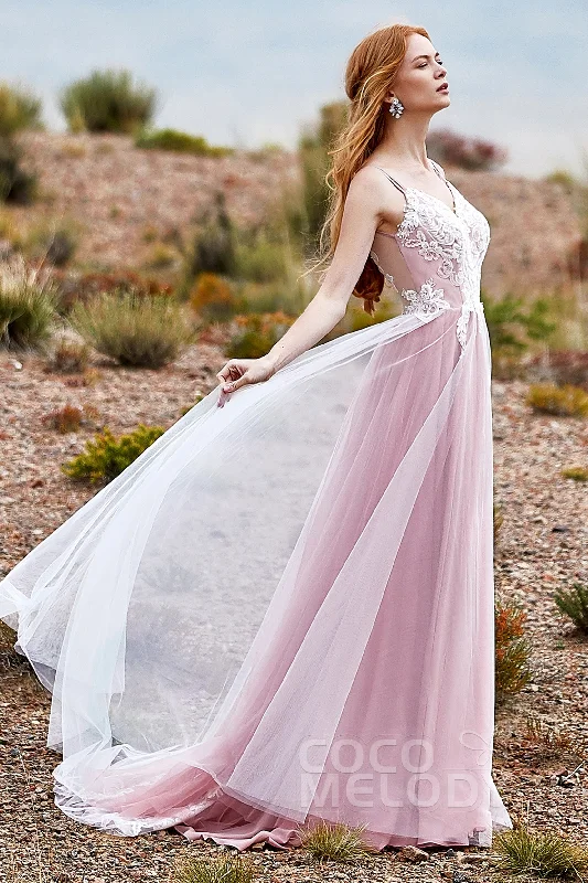 A-Line Sweep-Brush Train Tulle Chiffon Wedding Dress LD5832