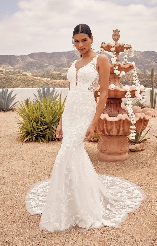 Beloved by Casablanca Bridal BL430 Delta Wedding Dress Fit And Flare V-Neck Lace Sequin Sheer Mesh Side Cut Outs Train Wedding Dress