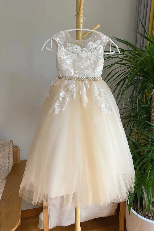 Champagne Lace Tulle Flower Girl Dress with Beaded Belt