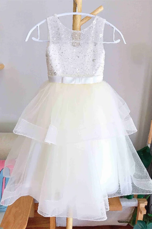 Crew Neck Champagne Sequin Tulle Flower Girl Dress