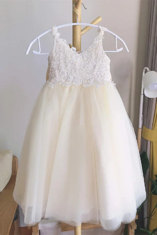 Cute Champagne V-neck Lace Flower Girl Dress