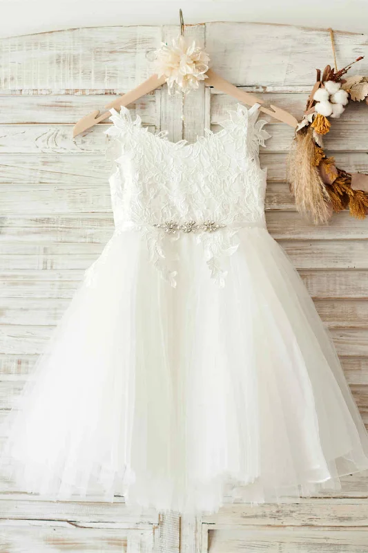 Cute Ivory Lace Flower Girl Dress with Belt