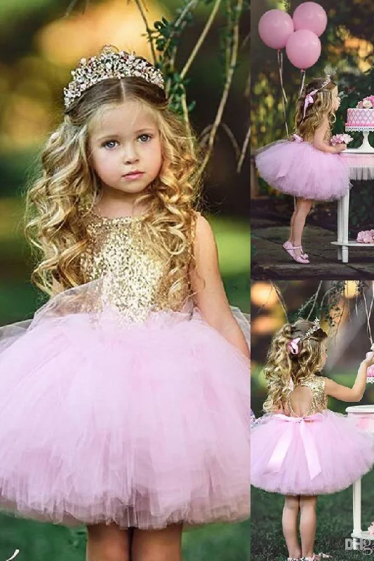 Cute Pink Tutu Skirt with Gold Sequins,Flower Girl Dress