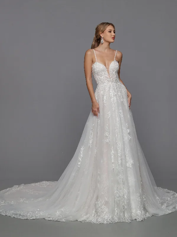 DaVinci Bridal 50786 A-Line Ballgown Plunging Neckline Spaghetti Straps Floral Lace Appliques Train Lace Up Back Wedding Gown