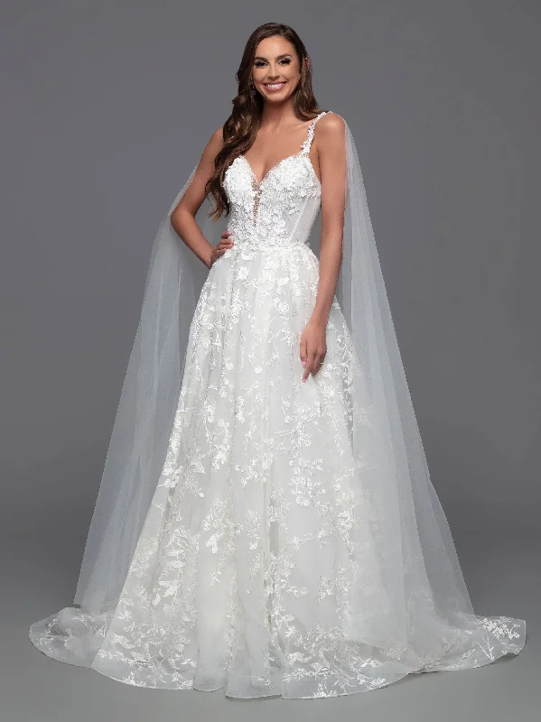 Davinci Bridal 50806 A Line Lace Cape Wedding Dress Sheer Crystal Plunging neckline