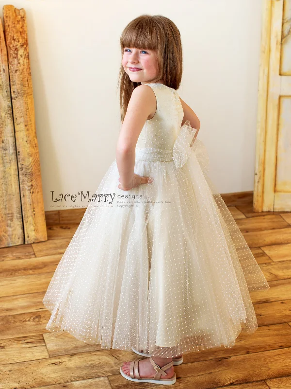 MELA / Ivory Polka Dot Tulle and Champagne Silk Underlay Flower Girl Dress