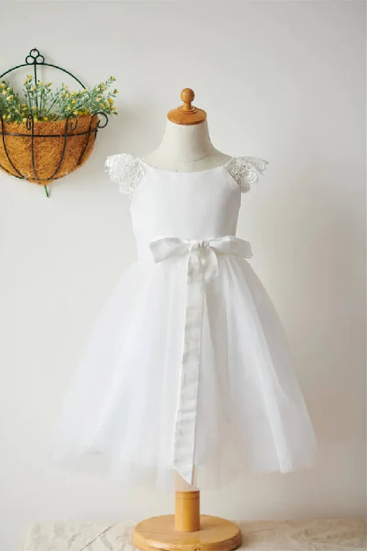 Knee Lenght Ivory Satin Flower Girl Dress