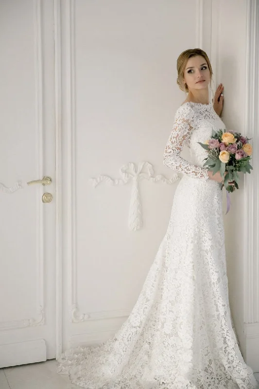 Lace Elegant Mermaid Bateau Wedding Dress With V-back-715688