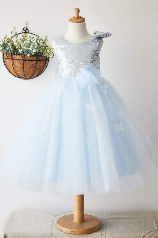 Light Blue Tulle Flower Girl Dress with Sequined Top