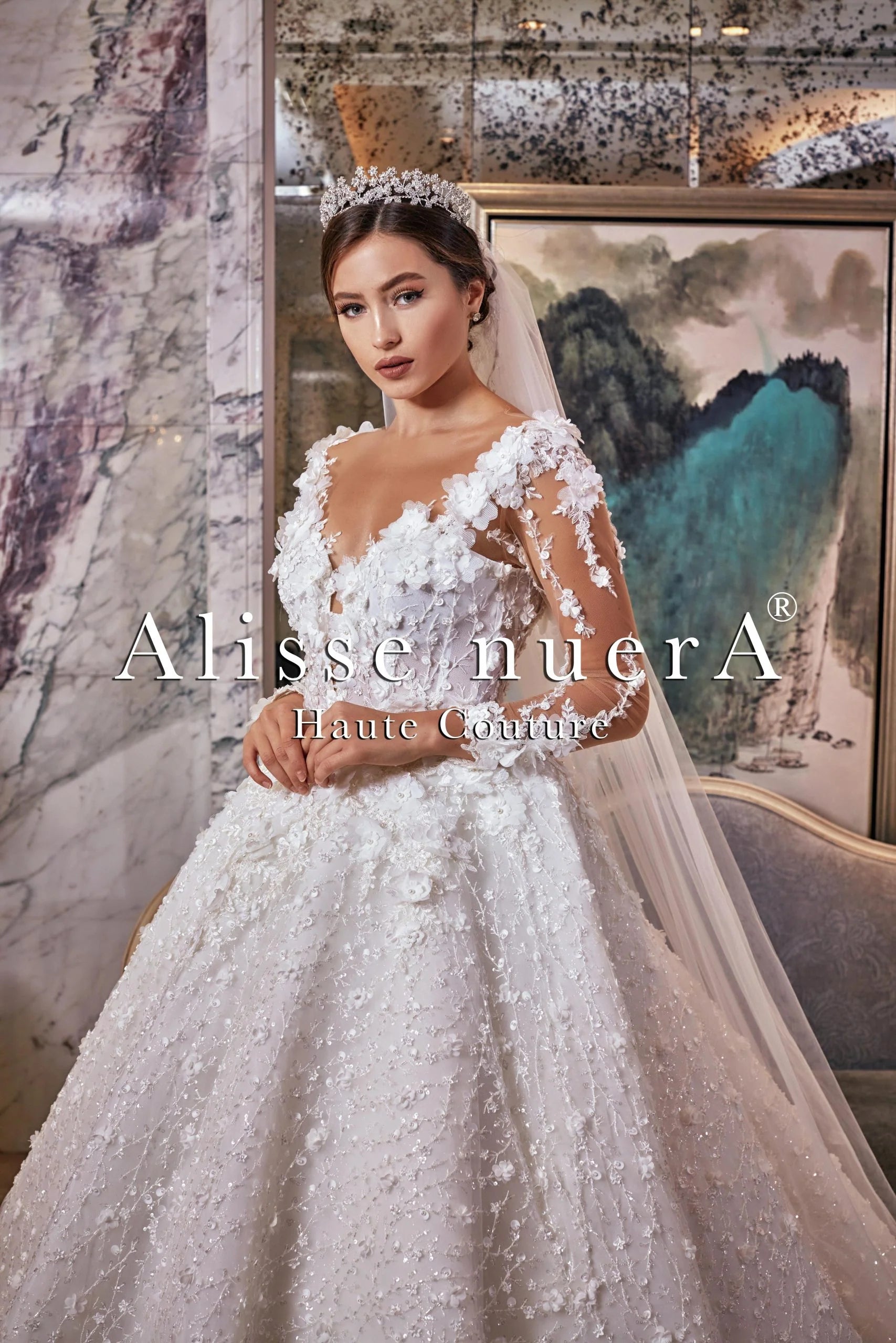 Off White 3D Floral Wedding Gown with Long Sleeve