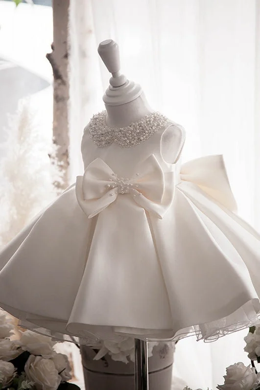 Off White Satin Ball Gown Flower Girl Dress With Pearls