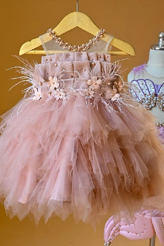 Pink Tulle Flower Girl Dress With Feathers