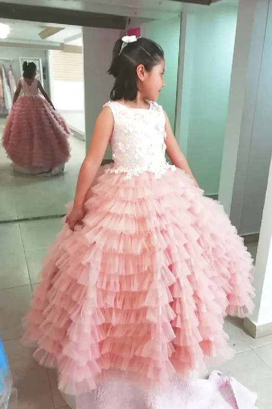 Princess Cascading Ruffles A-line Pink Flower Girl Dress