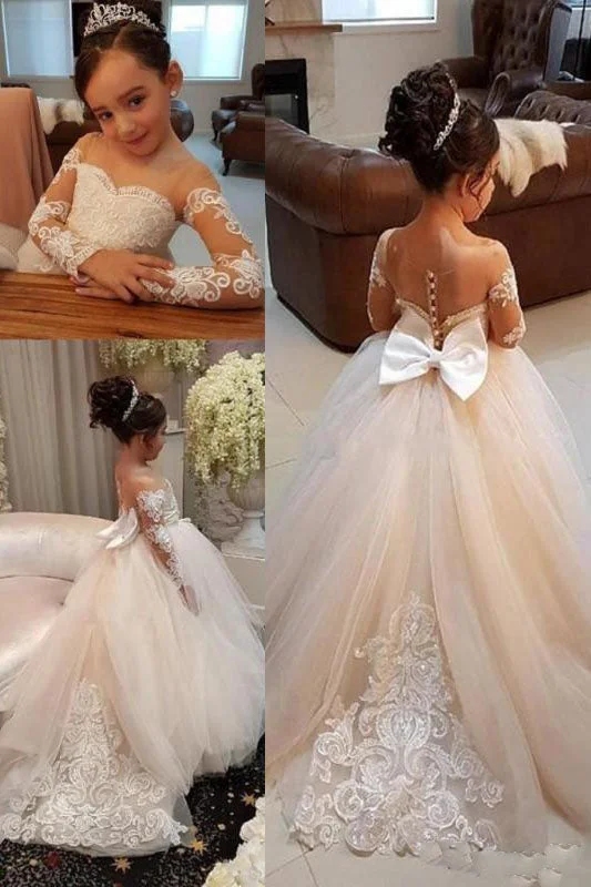 Princess Long Sleeves Appliques Long Ivory Flower Girl Dress with Train