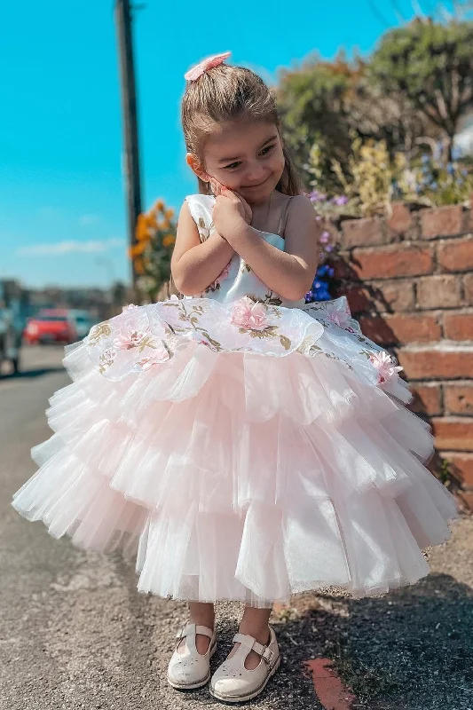 Princess One Shoulder Floral Tiered Tulle Flower Girl Dress