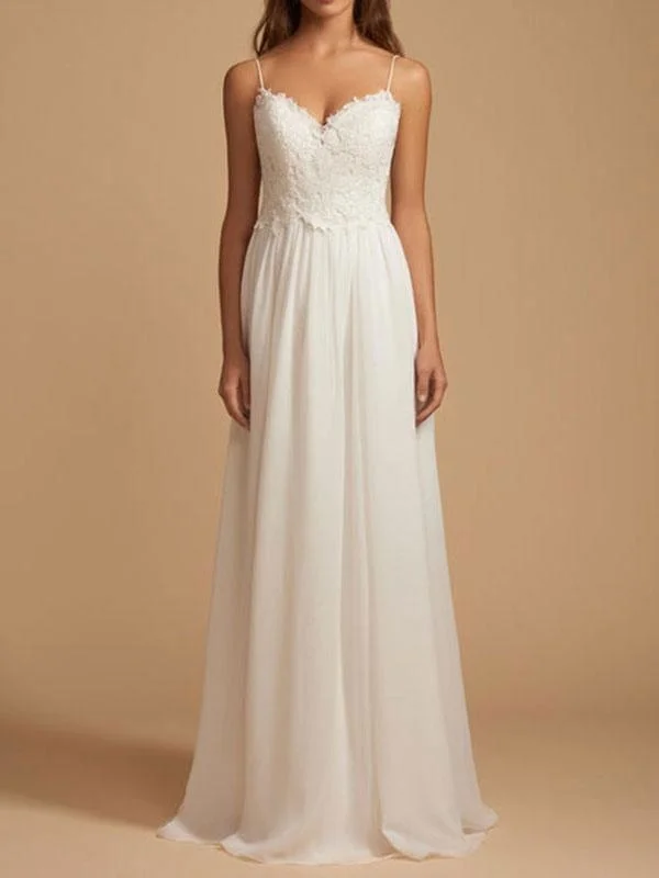 Simple Wedding Dress 2021 A Line V Neck Straps Sleeveless Lace Chiffon Bridal Dresses With Train For Beach Party