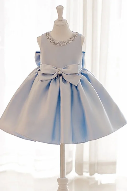 Sky Blue Satin Ball Gown Flower Girl Dress With Beads