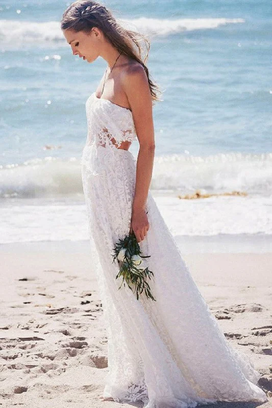 Two Piece Strapless Floor-length Lace Beach Boho Wedding Dress Wedding Dresses-715462