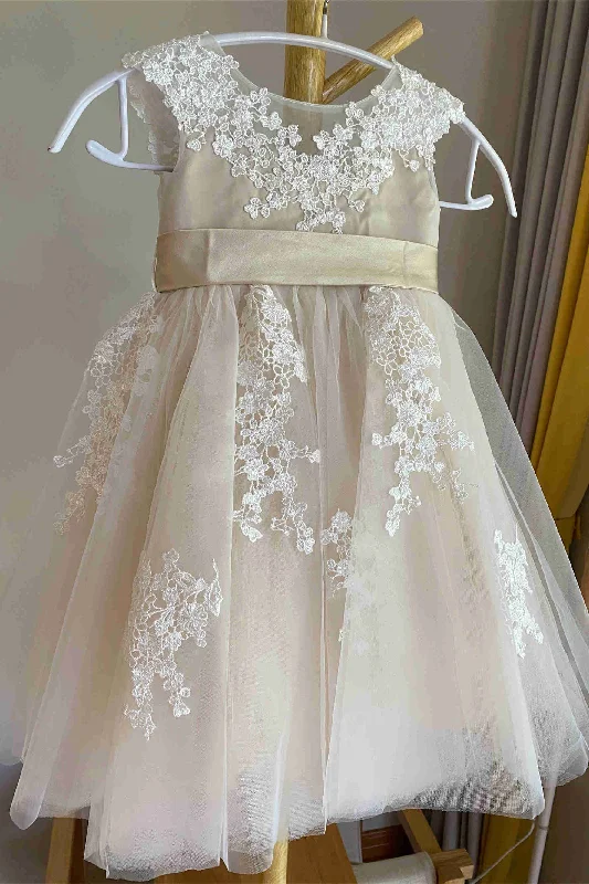 V-Back Crew Neck Lace Tulle Flower Girl Dress with Sash