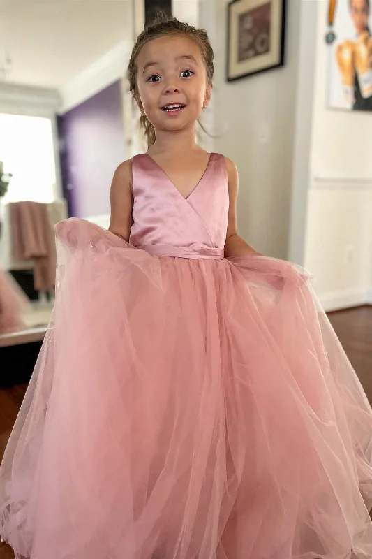 V-Neck Dusty Rose Floor Length Flower Girl Dress