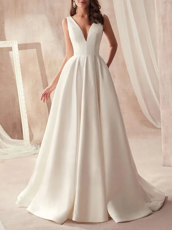 Vintage Wedding Dresses 2021 A Line V Neck Sleeveless Floor Length Pleat Bridal Gowns With Train