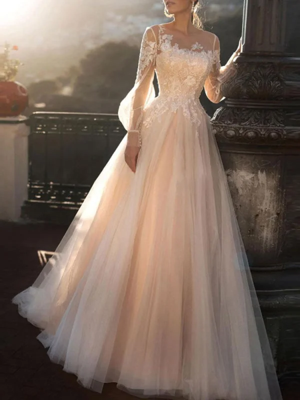 Wedding Dresses 2021 A Line Illusion Neck Long Sleeve Floor Length Tulle Pleated Bridal Dress With Train