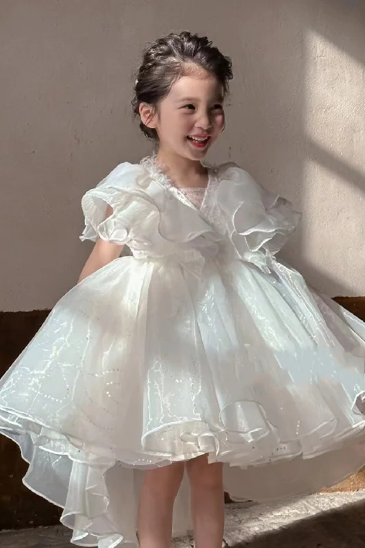 White High Low Ball Gown Flower Girl Party Dress