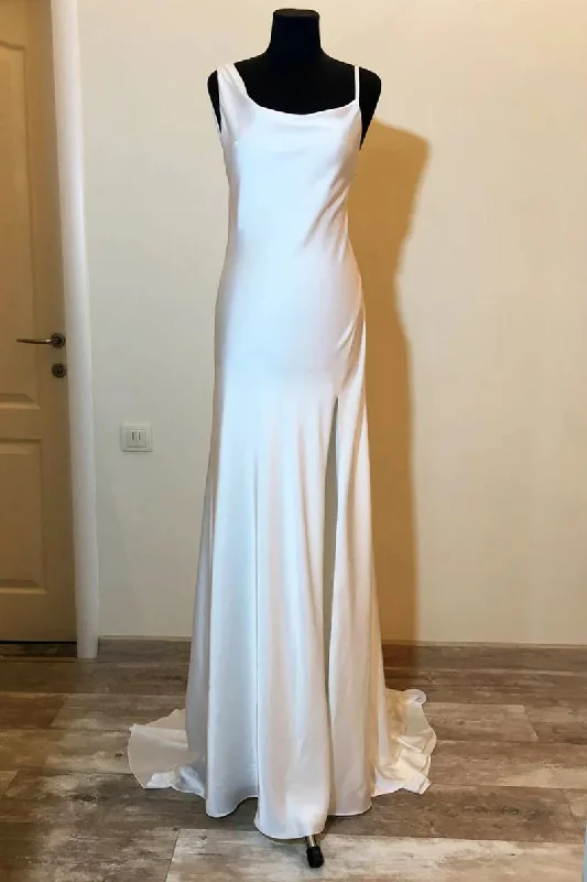 Asymmetrical Neck White Long Bridesmaid Dress with Slit