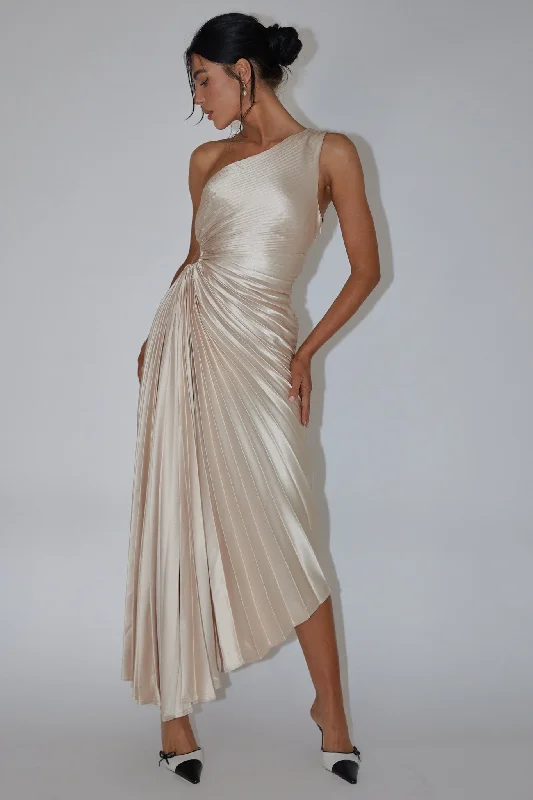 Brooklynn One-Shoulder Accordion Pleat Dress Champagne