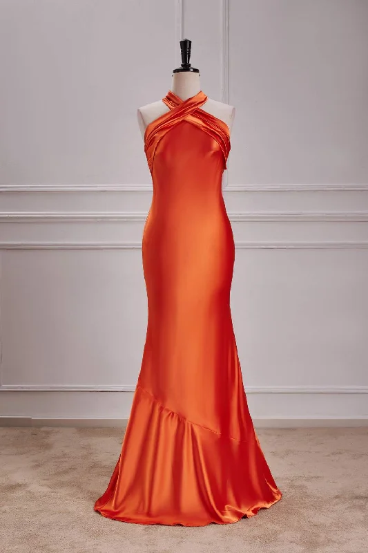 Burnt Orange Halter Mermaid Satin Maxi Dress