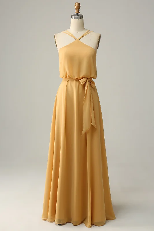 Chiffon Yellow Halter Long Bridesmaid Dress with Belt