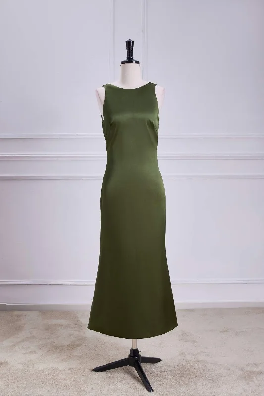 Crew Neck Olive Green Tie Straps Midi Dress