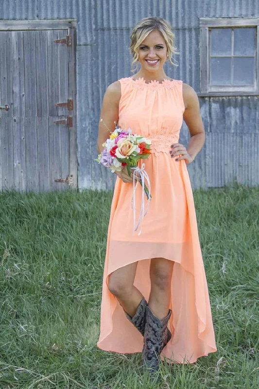 Custom Order High Low Peach Long Bridesmaid Dress with Appliques