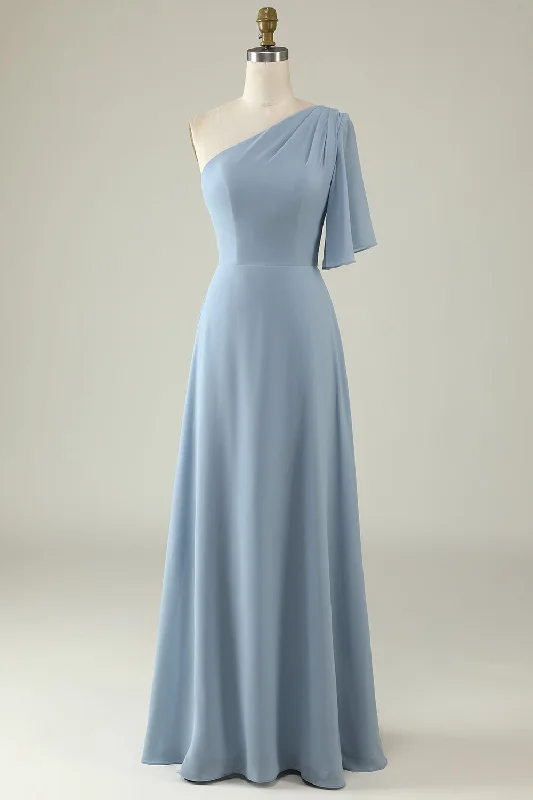 Dusty Blue One-Shoulder Chiffon Bridesmaid Dress