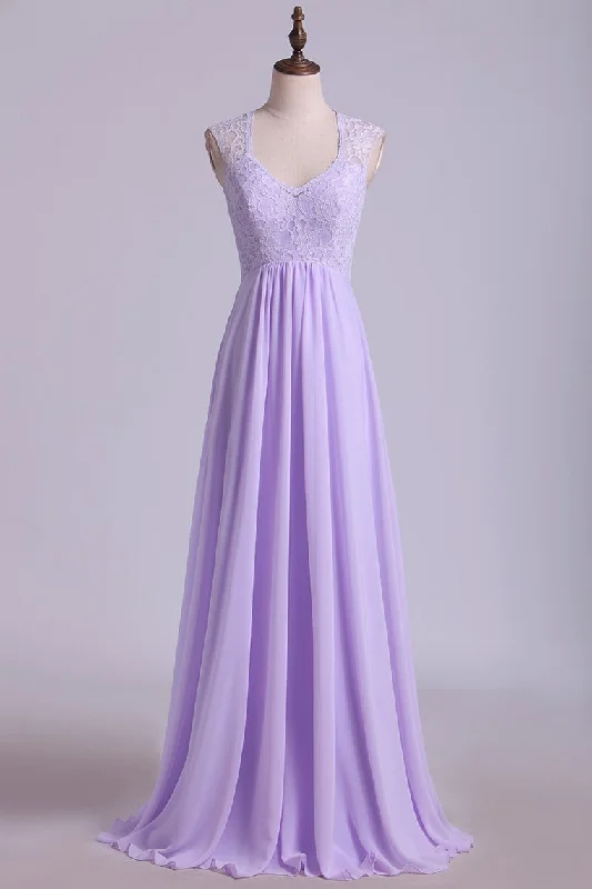 Elegant Lavender Lace Top Long Bridesmaid Dress