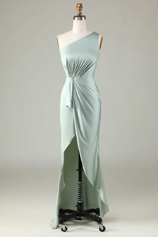 Elegant One Shoulder Matcha Ruched  Long Bridesmaid Dress