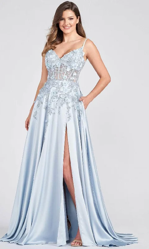 Ellie Wilde - V-Neck Floral Lace Prom Gown EW122038 - 1 pc Dusty Blue In Size 8 Available