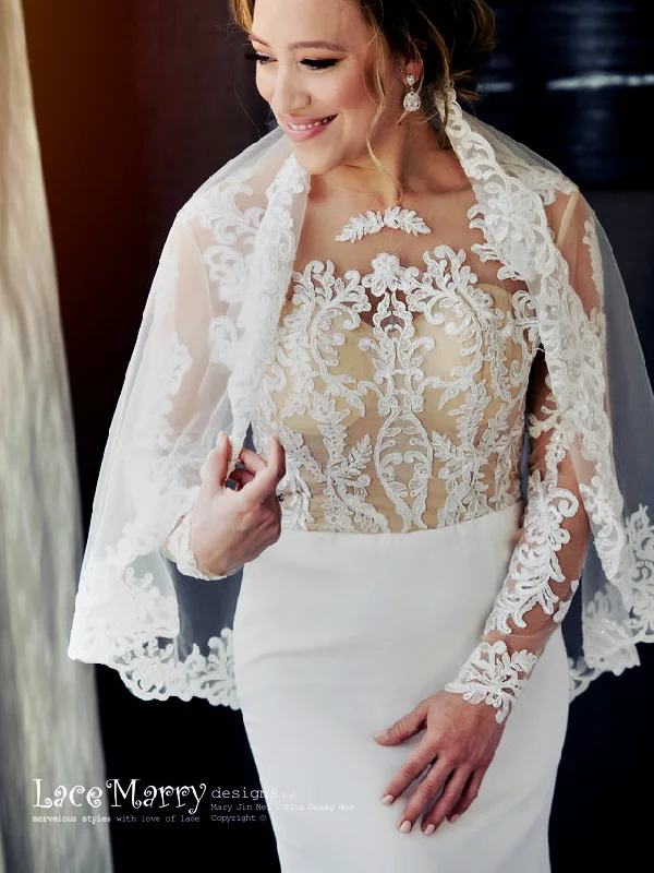 Fitted Boho Wedding Dress with Nude Top and Long Lace Sleeves